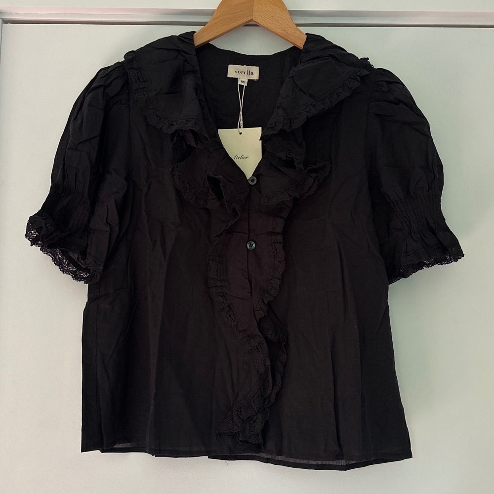 Sorella Atelier Sora Cotton Top Black Ruffle Lace Blouse XS 025WTPS04090